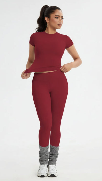 Women'S Sportswear Set, Slim-Fit Short Sleeves & High-Waisted Yoga Pants, Ideal for Gym Running Outdoor Activities, Gym Yoga Outfit