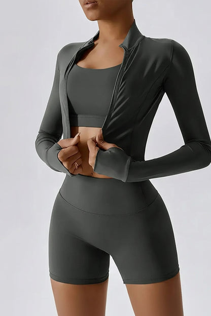 Women'S Plain Tracksuit Set, High Stretch Long Sleeve Thumb Hole Design Zip up Sportswear Set for Summer, Elegant Gym Outfits, Gym Workout Clothes, Sports Fitness Wear, Casual Activewear Set, Athletic Tracksuit Set, Yoga Tracksuit Set