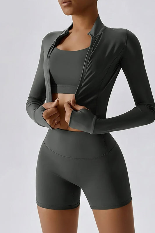 Women'S Plain Tracksuit Set, High Stretch Long Sleeve Thumb Hole Design Zip up Sportswear Set for Summer, Elegant Gym Outfits, Gym Workout Clothes, Sports Fitness Wear, Casual Activewear Set, Athletic Tracksuit Set, Yoga Tracksuit Set