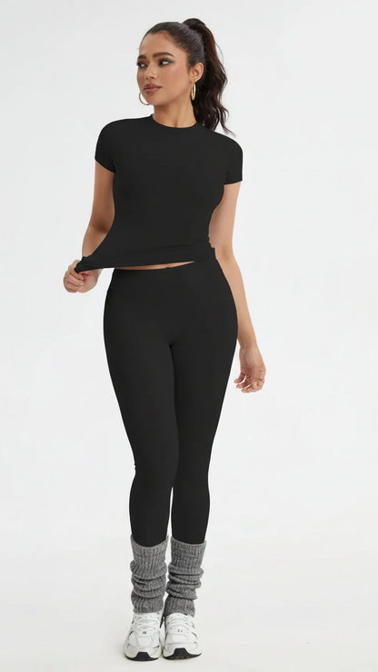 Women'S Sportswear Set, Slim-Fit Short Sleeves & High-Waisted Yoga Pants, Ideal for Gym Running Outdoor Activities, Gym Yoga Outfit