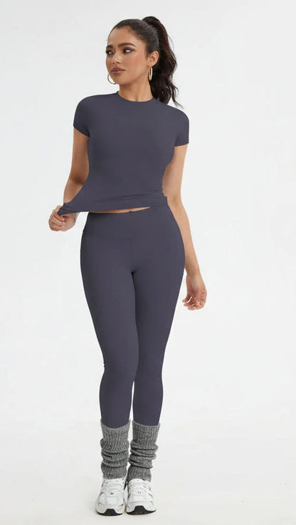 Women'S Sportswear Set, Slim-Fit Short Sleeves & High-Waisted Yoga Pants, Ideal for Gym Running Outdoor Activities, Gym Yoga Outfit