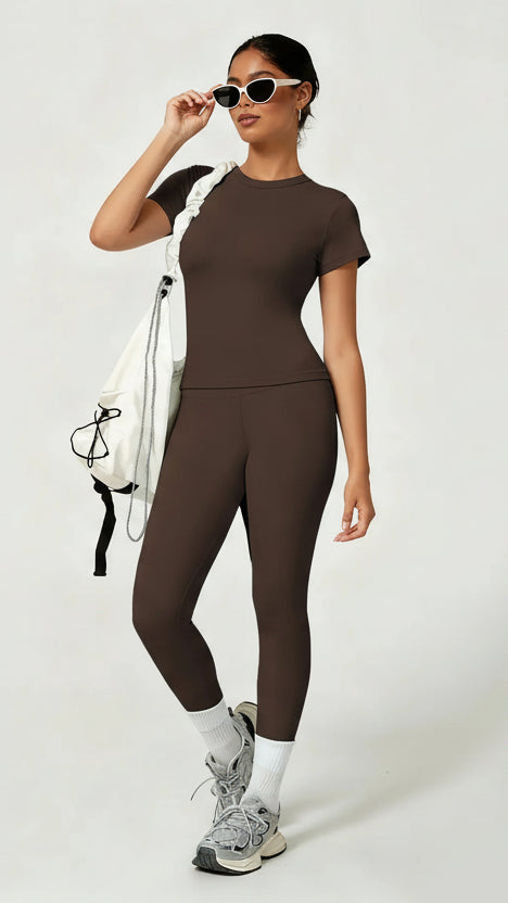 Women'S Sporty Yoga Set, Soft Breathable Short-Sleeve Top & Skinny Elastic Pants, Sportswear for Fitness, Running and Outdoor Activities