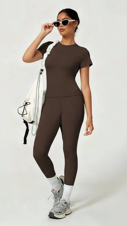 Women'S Sporty Yoga Set, Soft Breathable Short-Sleeve Top & Skinny Elastic Pants, Sportswear for Fitness, Running and Outdoor Activities