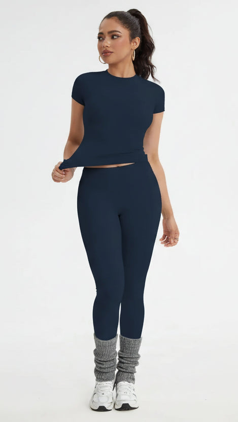 Women'S Sportswear Set, Slim-Fit Short Sleeves & High-Waisted Yoga Pants, Ideal for Gym Running Outdoor Activities, Gym Yoga Outfit