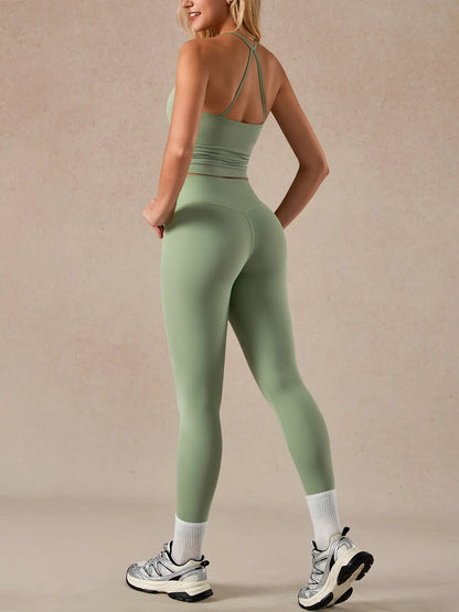 2-Piece Women'S Removable Pads Tank Top and High Waist Pants Set, Breathable Co-Ord Set for Yoga and Fitness, Tight-Fitting Outdoor Workout Sportswear Set