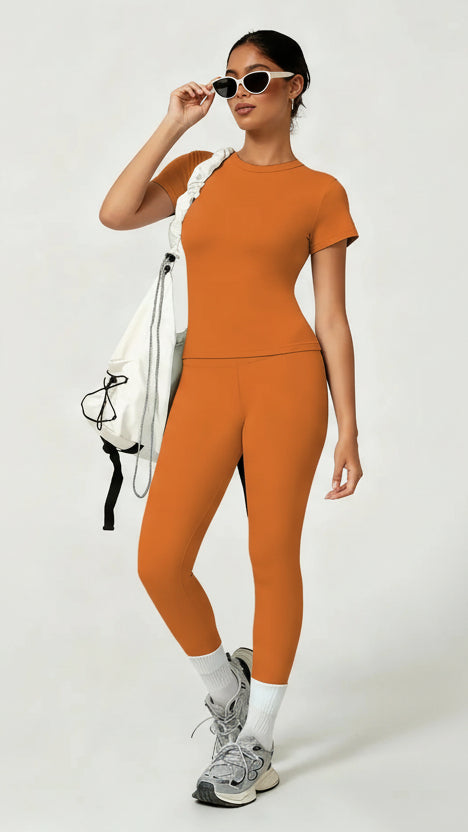 Women'S Sporty Yoga Set, Soft Breathable Short-Sleeve Top & Skinny Elastic Pants, Sportswear for Fitness, Running and Outdoor Activities