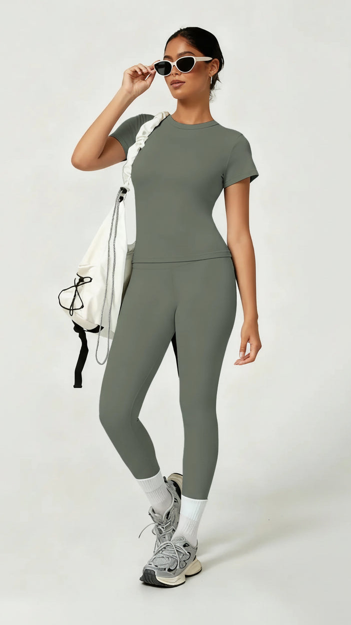 Women'S Sporty Yoga Set, Soft Breathable Short-Sleeve Top & Skinny Elastic Pants, Sportswear for Fitness, Running and Outdoor Activities