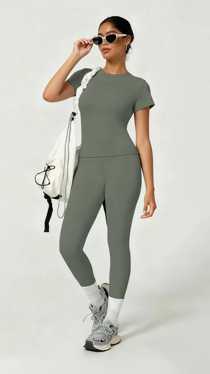 Women'S Sporty Yoga Set, Soft Breathable Short-Sleeve Top & Skinny Elastic Pants, Sportswear for Fitness, Running and Outdoor Activities