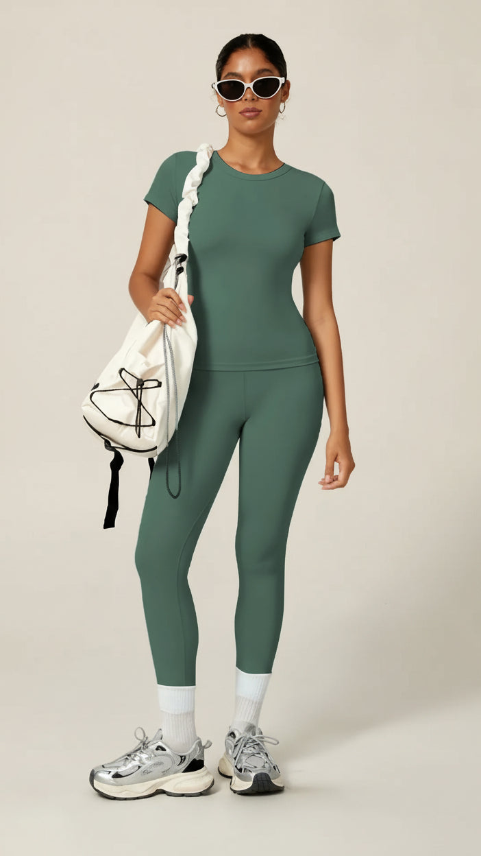 Women'S Sporty Yoga Set, Soft Breathable Short-Sleeve Top & Skinny Elastic Pants, Sportswear for Fitness, Running and Outdoor Activities