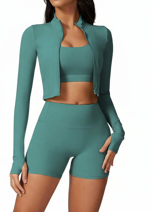 Women'S Plain Tracksuit Set, High Stretch Long Sleeve Thumb Hole Design Zip up Sportswear Set for Summer, Elegant Gym Outfits, Gym Workout Clothes, Sports Fitness Wear, Casual Activewear Set, Athletic Tracksuit Set, Yoga Tracksuit Set