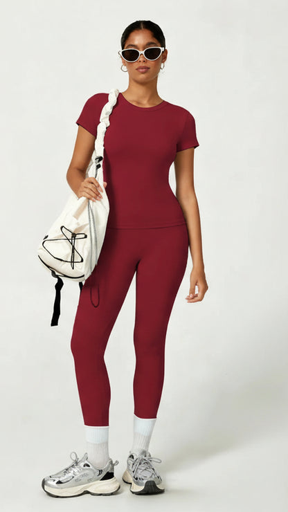 Women'S Sporty Yoga Set, Soft Breathable Short-Sleeve Top & Skinny Elastic Pants, Sportswear for Fitness, Running and Outdoor Activities