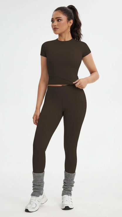 Women'S Sportswear Set, Slim-Fit Short Sleeves & High-Waisted Yoga Pants, Ideal for Gym Running Outdoor Activities, Gym Yoga Outfit