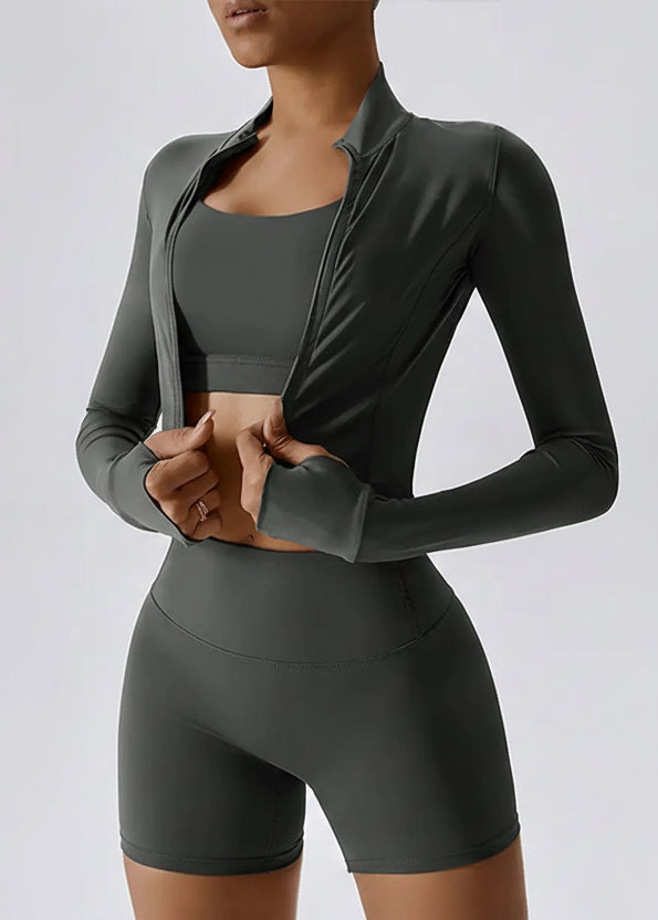 Women'S Plain Tracksuit Set, High Stretch Long Sleeve Thumb Hole Design Zip up Sportswear Set for Summer, Elegant Gym Outfits, Gym Workout Clothes, Sports Fitness Wear, Casual Activewear Set, Athletic Tracksuit Set, Yoga Tracksuit Set
