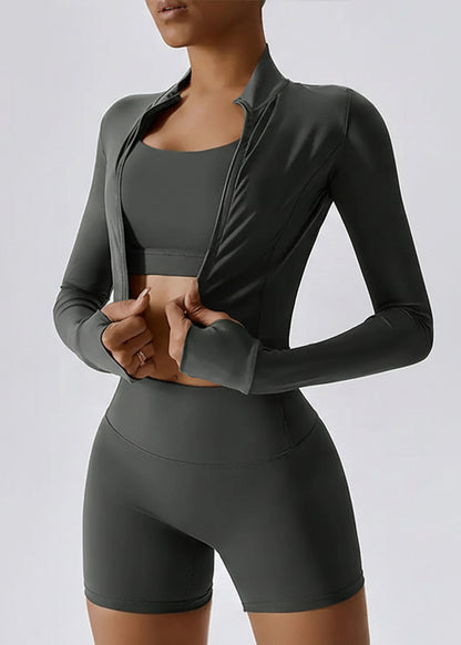 Women'S Plain Tracksuit Set, High Stretch Long Sleeve Thumb Hole Design Zip up Sportswear Set for Summer, Elegant Gym Outfits, Gym Workout Clothes, Sports Fitness Wear, Casual Activewear Set, Athletic Tracksuit Set, Yoga Tracksuit Set