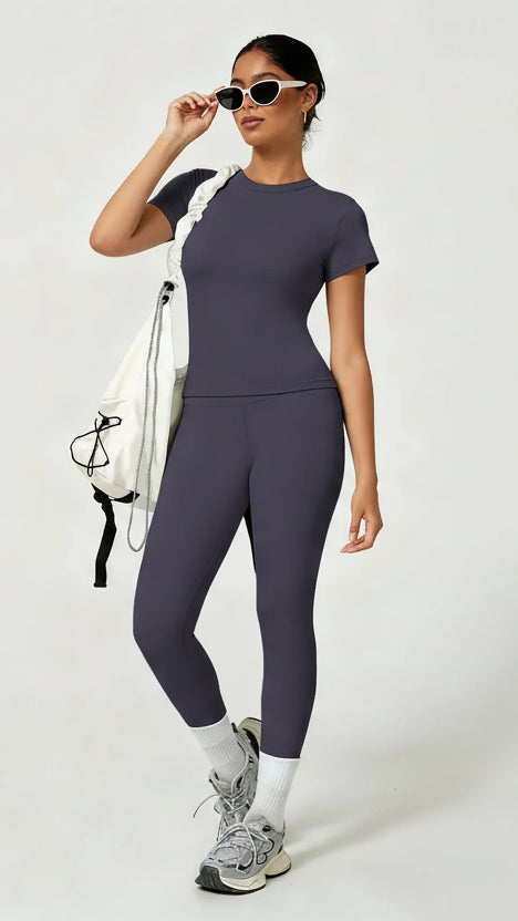 Women'S Sporty Yoga Set, Soft Breathable Short-Sleeve Top & Skinny Elastic Pants, Sportswear for Fitness, Running and Outdoor Activities