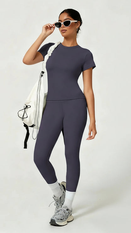 Women'S Sporty Yoga Set, Soft Breathable Short-Sleeve Top & Skinny Elastic Pants, Sportswear for Fitness, Running and Outdoor Activities